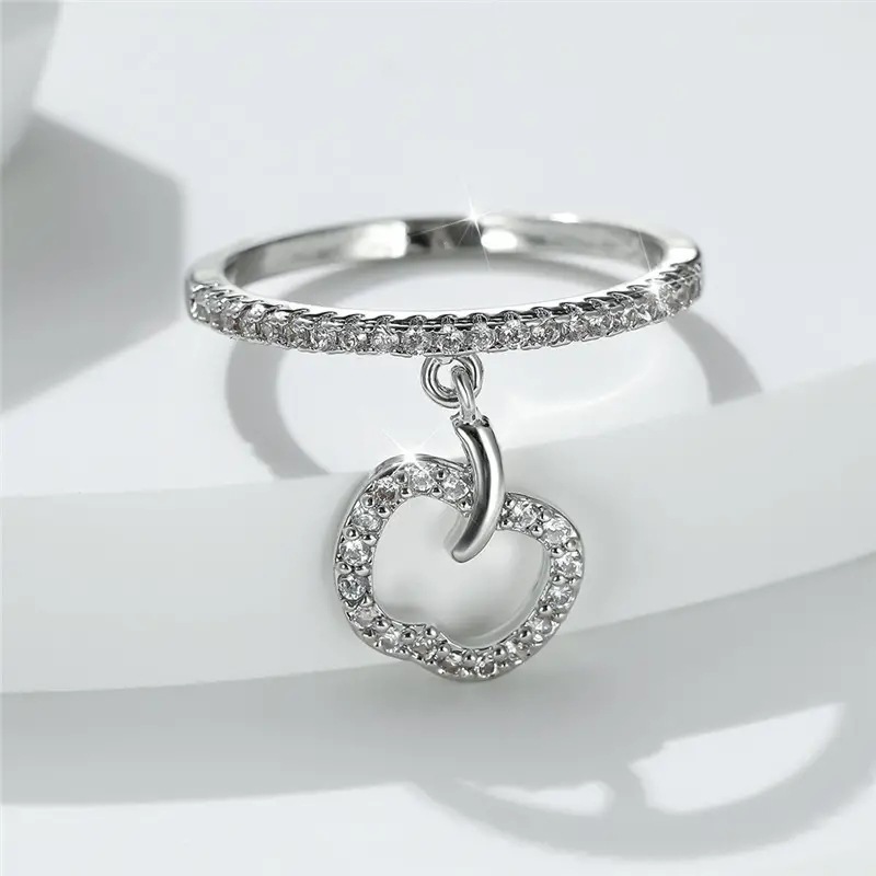 Huitan Creative Apple Pendant Ring for Women, Micro-Inlaid Zircon Single Ring, Small Fresh and Sweet Jewelry