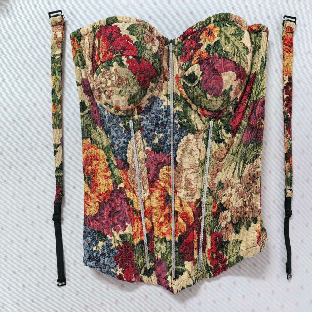 Picture of Street Retro Flower Print Monet Oil Painting Retro Fishbone Vest Tight Push-Up Body Shaping Dress Corset for Women