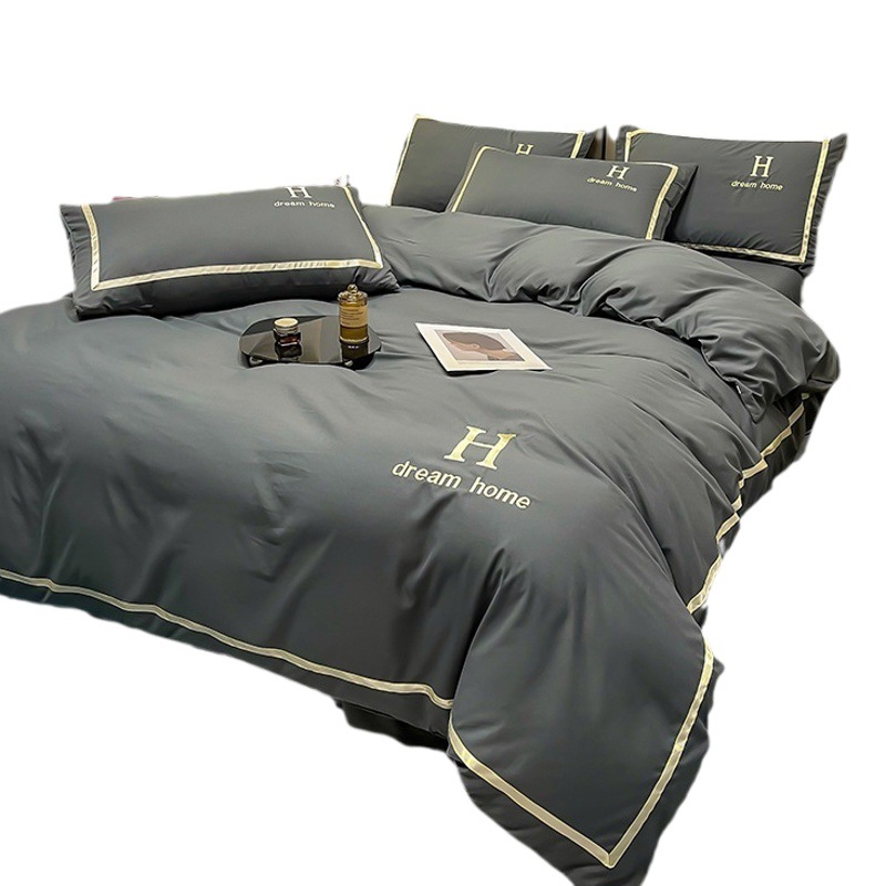 Light luxury simple washed cotton brushed embroidery solid color four-piece set home B & B hotel bedding linen set Wholesale