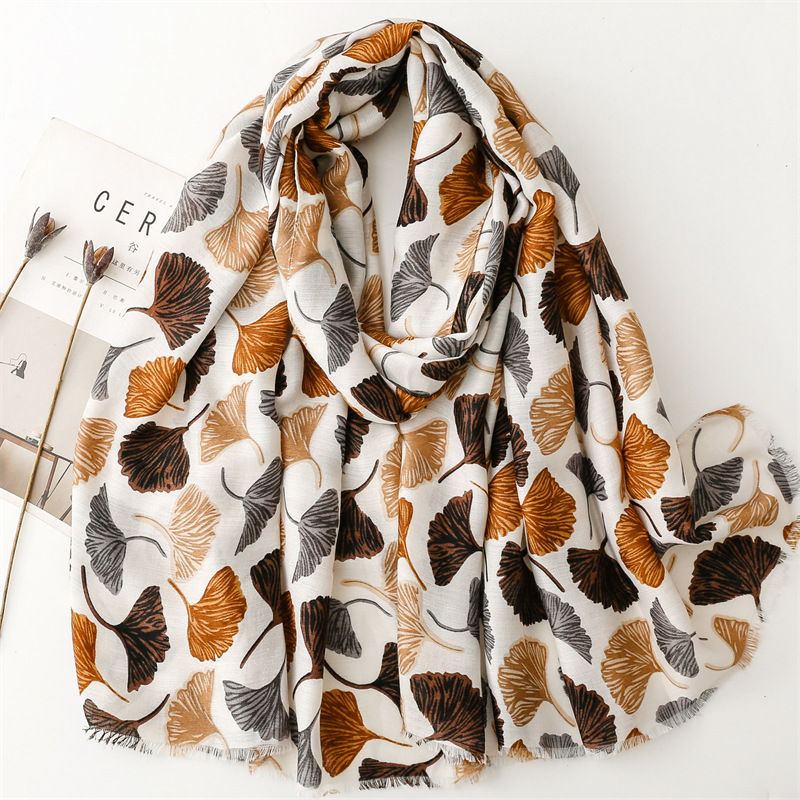 Europe and the United States export France autumn and winter new cotton and linen hand scarf plant white ginkgo leaf scarf warm shawl
