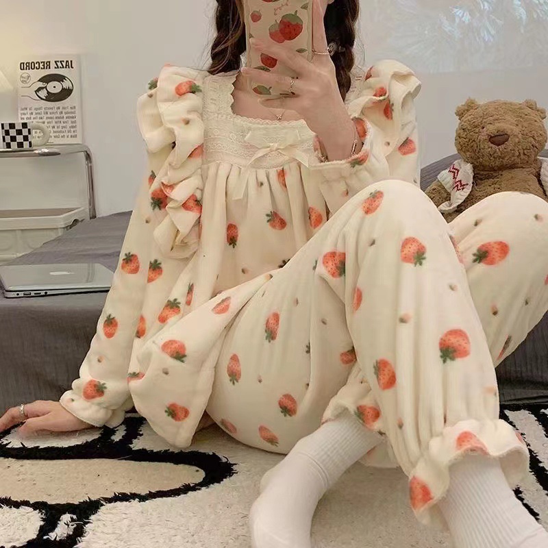 Fast Hand Live Explosions Lace Velvet Pajamas Women's Coral Velvet Lace Flannel Sweet Square Collar Home Clothes Women's Suit