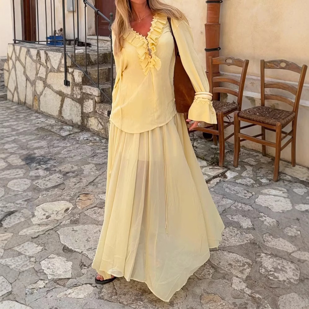 Za Cross-Border Women's Clothing Wholesale European and American Style New Casual Suit Design Loose Chiffon Shirt + Skirt