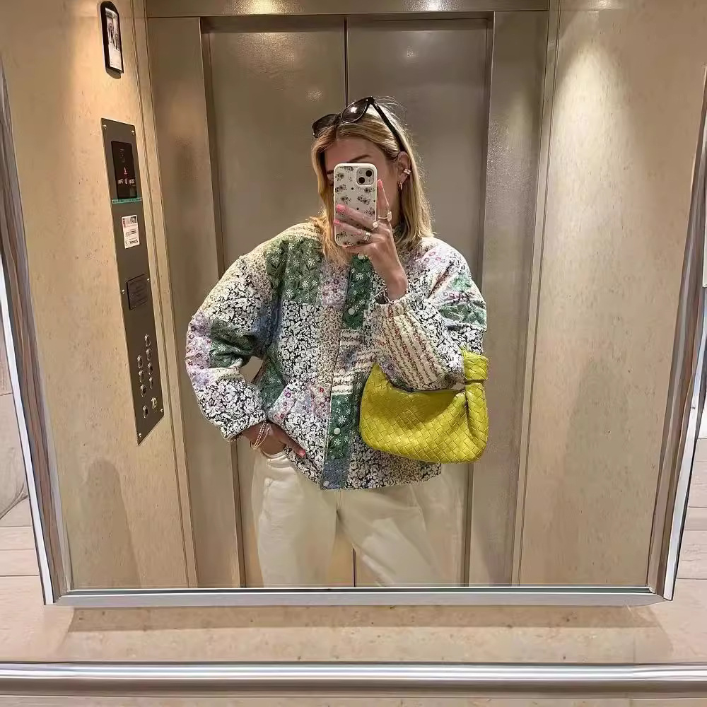 2023 autumn new European and American cross-border women's street fashion printed long sleeve small cotton coat 1681