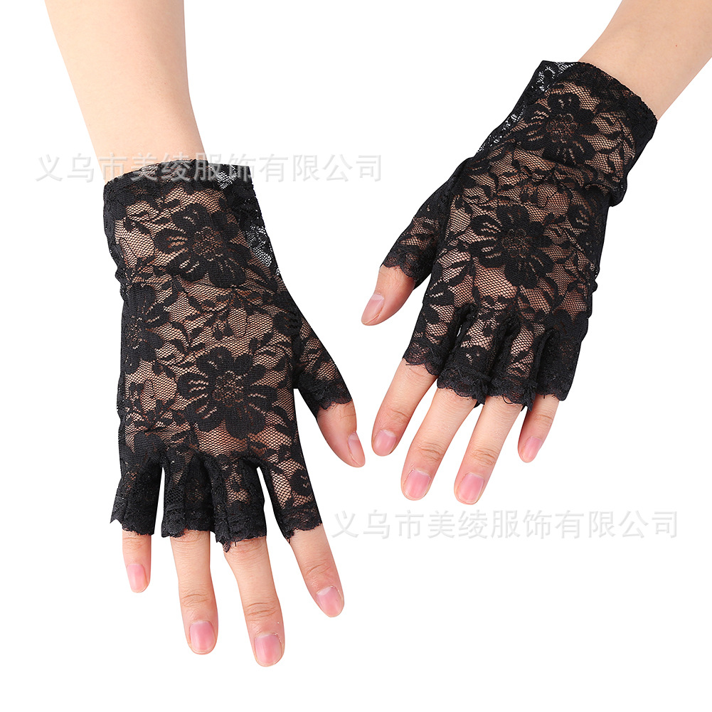 Summer Women Short Lace Half Finger Lace Sun Protection Gloves/Finger-exposed Lace Wedding Decoration Gloves Cross Border