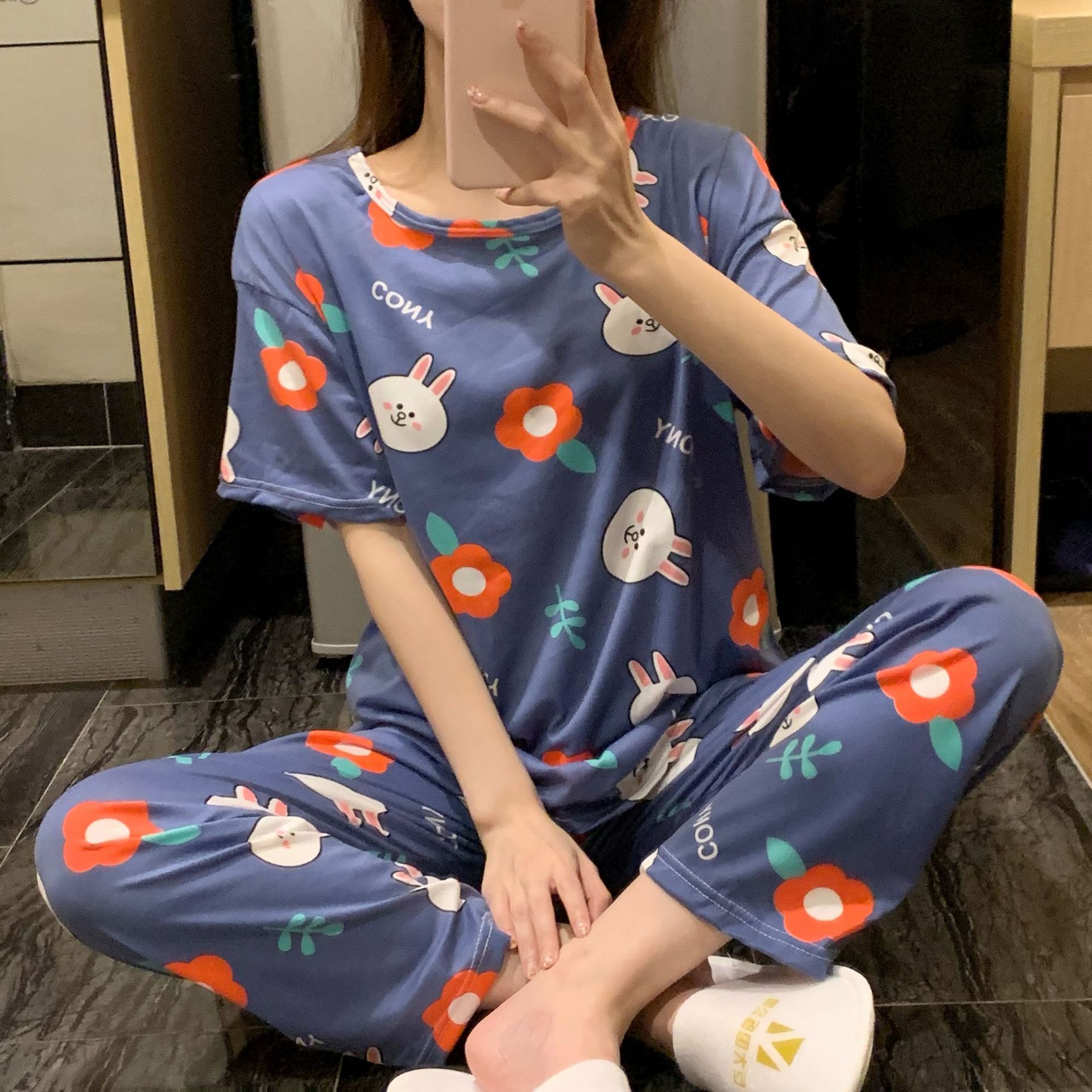 Picture of Pajamas Women's Spring and Autumn Summer Short-sleeved Trousers Large Size Loose Korean Style Fresh Cute Sweet Student Home Suit