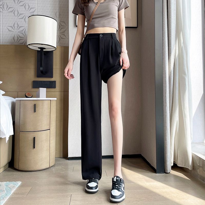 Pink Suit Pants for Women Summer Thin High-End 2025 New High-Waist Draped Loose Straight Wide-Leg Pants for Small People