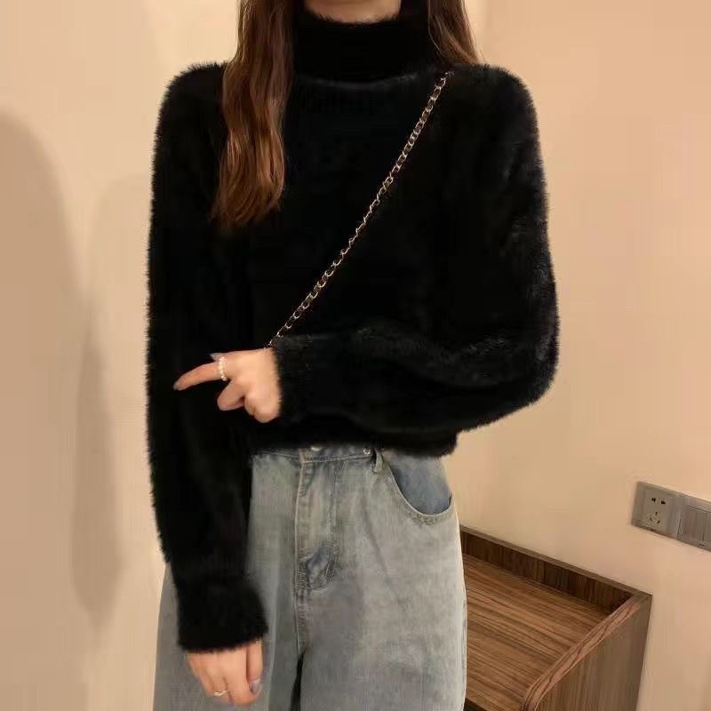 Picture of Thick soft glutinous sweater women's autumn and winter loose pullover inner warm top mink fur half turtleneck bottoming sweater