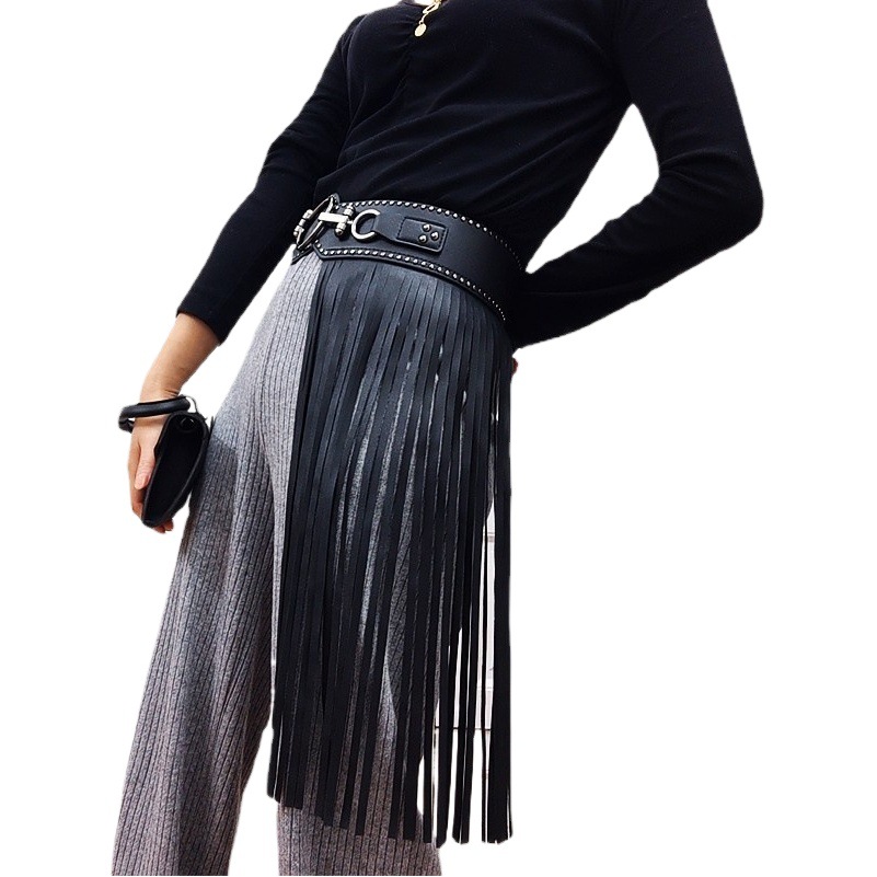 European and American punk style ultra-long fringed skirt women's waist seal fashion rivet wide belt elastic black buckle accessories