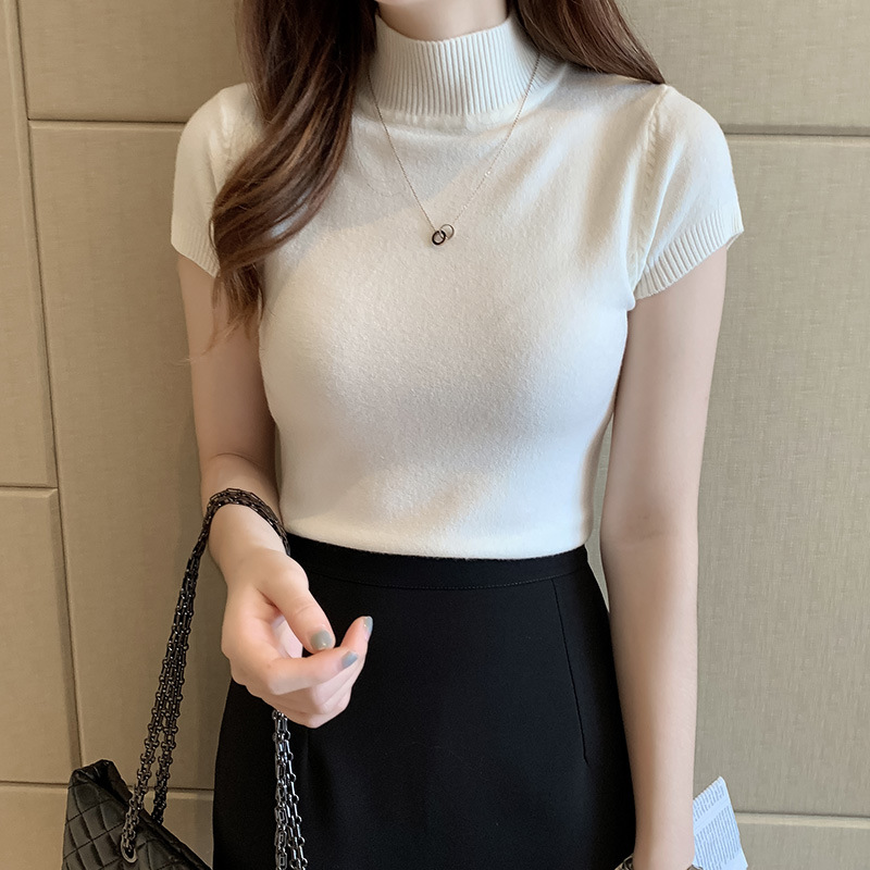 Half-high collar half-sleeve sweater women's 2 023 spring and summer all-match base shirt sweater slim fit short vest jacket for external wear