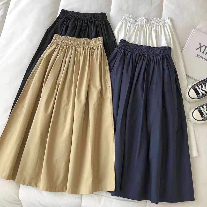Foreign Trade 2024 Summer New Double Pocket Solid Color Workwear Skirt Women's Korean-style All-match High Waist A- line Long Skirt
