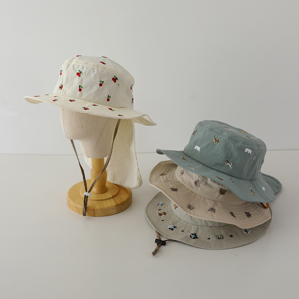 Embroidered children's sun protection hat sun protection shawl neck protection quick-drying fisherman hat outdoor travel sun protection middle and big children's hat