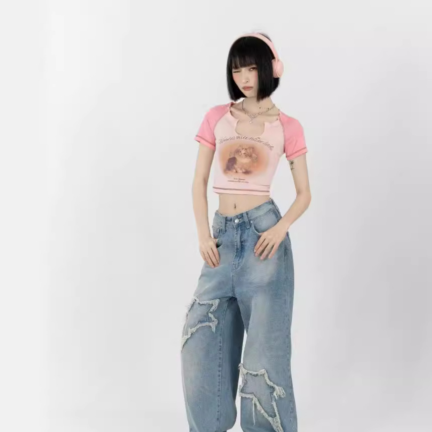 Sweet Spice Girl Cute Cat Printed Pink Short-sleeved T-shirt Girls Summer Pure Slim U-neck Navel Short Top