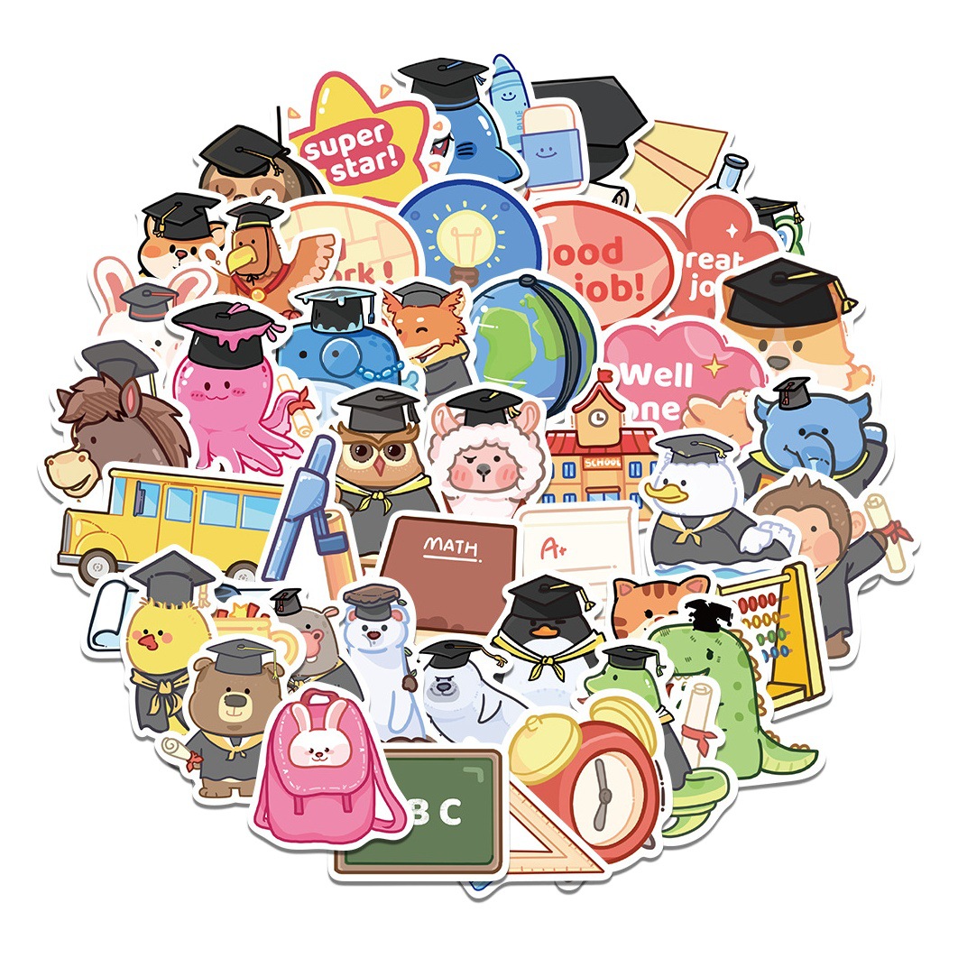 50 original design pre-school graduation season reward stickers cartoon animal DIY water cup computer waterproof stickers cross-border
