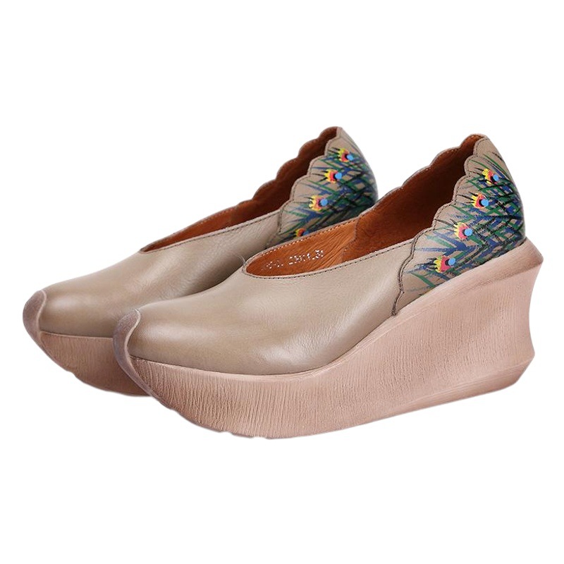 Ethnic Style Genuine Leather Flats for Women, Hand-Painted Peacock Feather Wedge Shoes, Thick-Soled Platform Shoes, Lightweight First-Layer Cowhide Women's Shoes, French Style