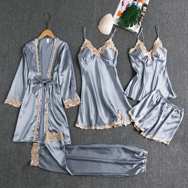 Foreign Trade Cross-border 21 New Pajamas with Chest Pad Silk Sexy Sling Sling Water Dissolved Flower Five-piece Set Pajamas Thin Home Clothes