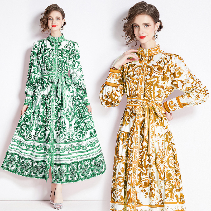 Guangzhou Shahe Dress Fashionable Palace Style Stand Collar Single Breasted Long-Sleeved Dress for Women Summer Yellow Pottery Glaze Print