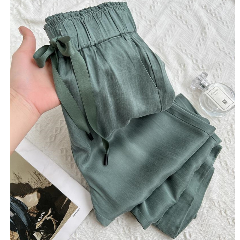 Mint Green Ice Silk narrow wide-leg pants women's summer thin new loose straight meat hiding high waist draping anti-mosquito pants