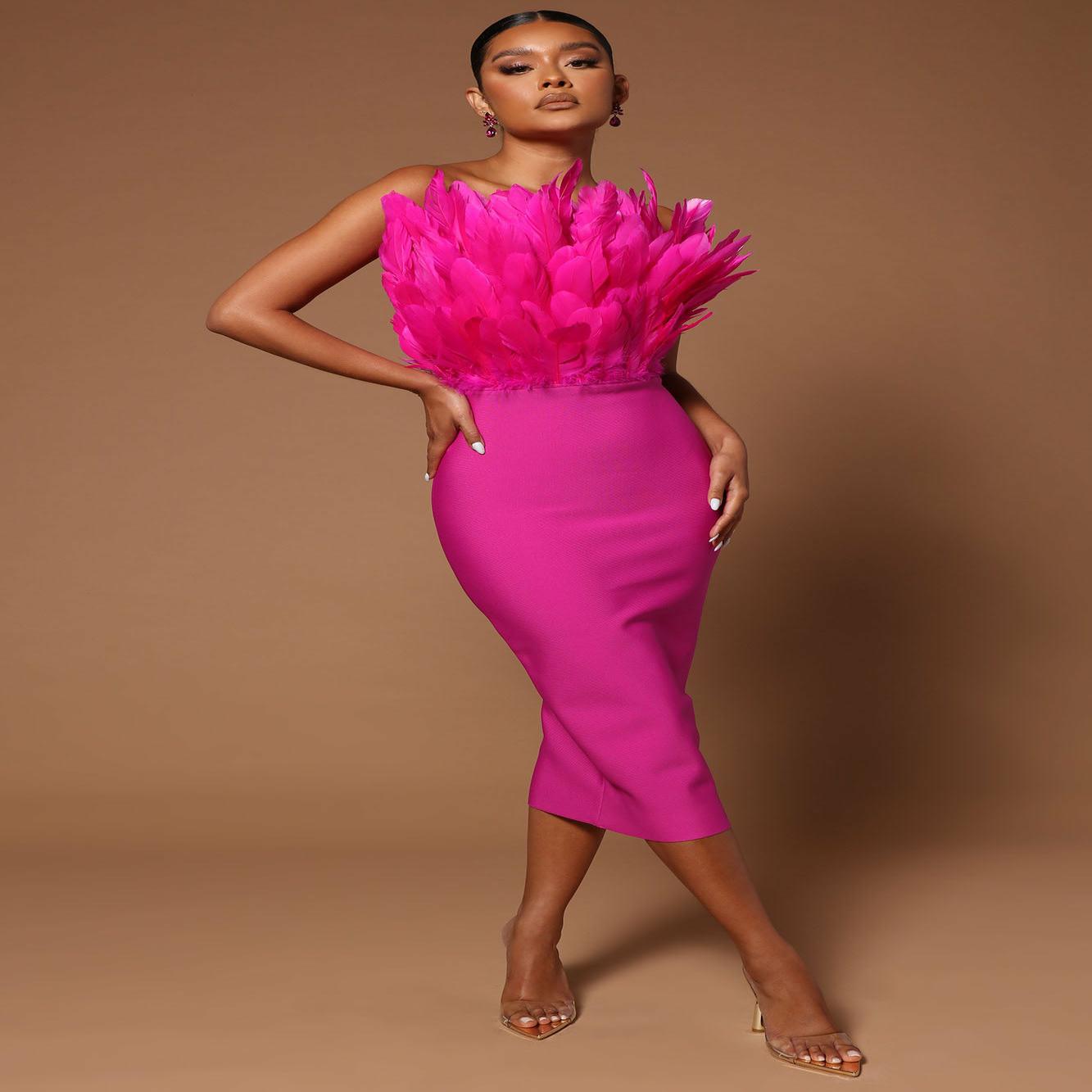2022 new cross-border independent station fashion brown rose red strapless feather backless slim long bandage dress