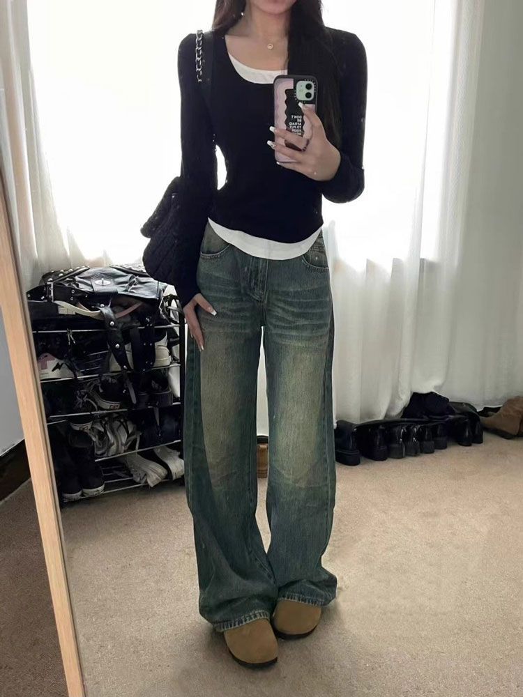Old hot girl jeans women's autumn new American style small blue wide-leg loose slimming straight floor-length pants
