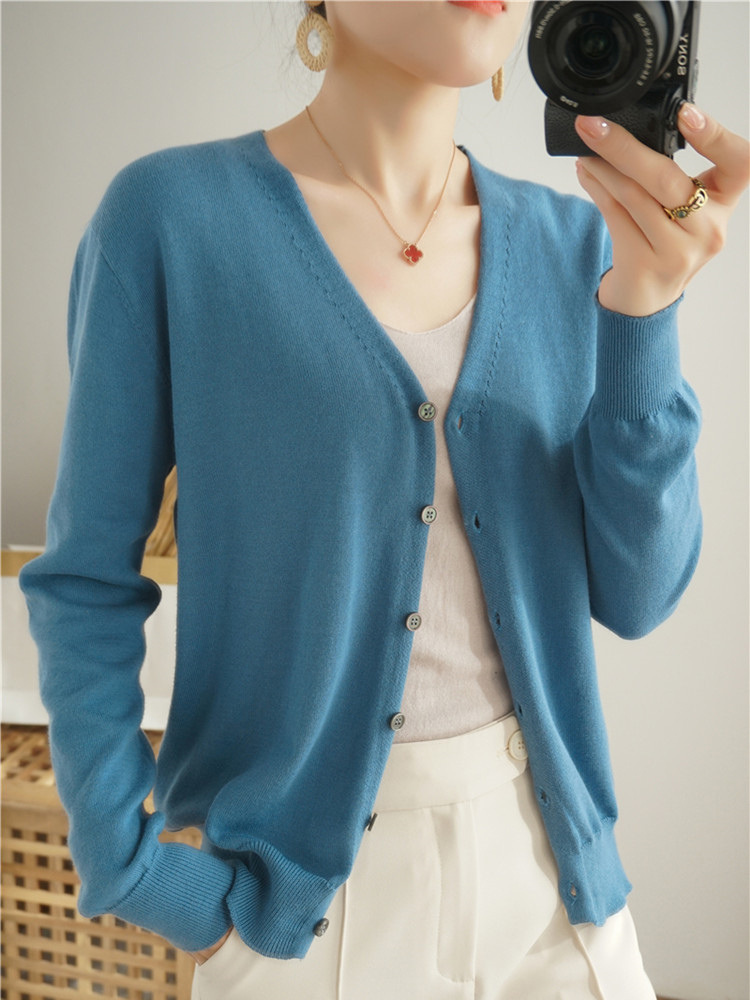 Jacket women's autumn new pure cotton thread V-neck long sleeve knitted cardigan jacket base shirt cross-border cardigan thin female Korean
