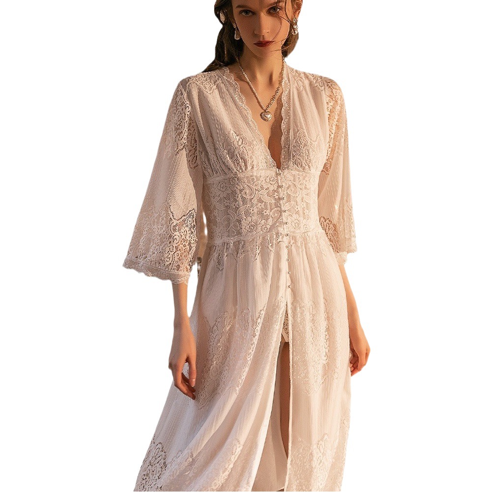 Two-Wear Sexy Lace Long Dress plus size Autumn and Winter New Nightgown Long-Sleeved high quality Dress European and American Internet Popular Two-Piece Set