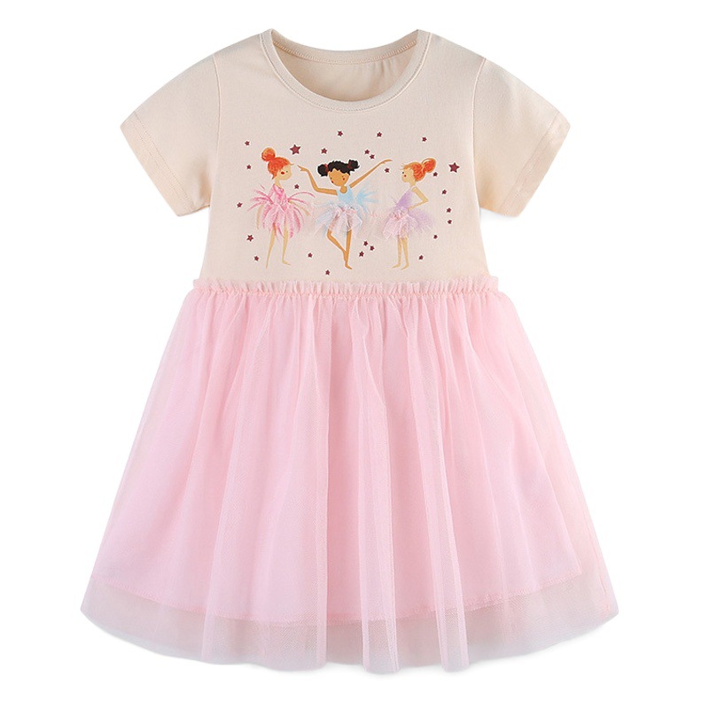 Summer New Girls' dress European and American Cartoon Printed Mesh Princess Dress Cute Children's Veil Dress Cross-border Hair