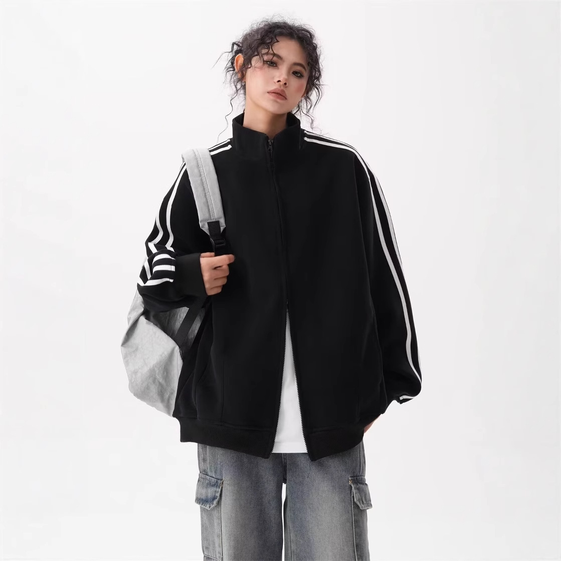 Picture of American-style Sports Casual Striped Zipper Sweatshirt Coat Women's Spring and Autumn Korean-style Baseball Suit Cool and Sruff Top Trendy