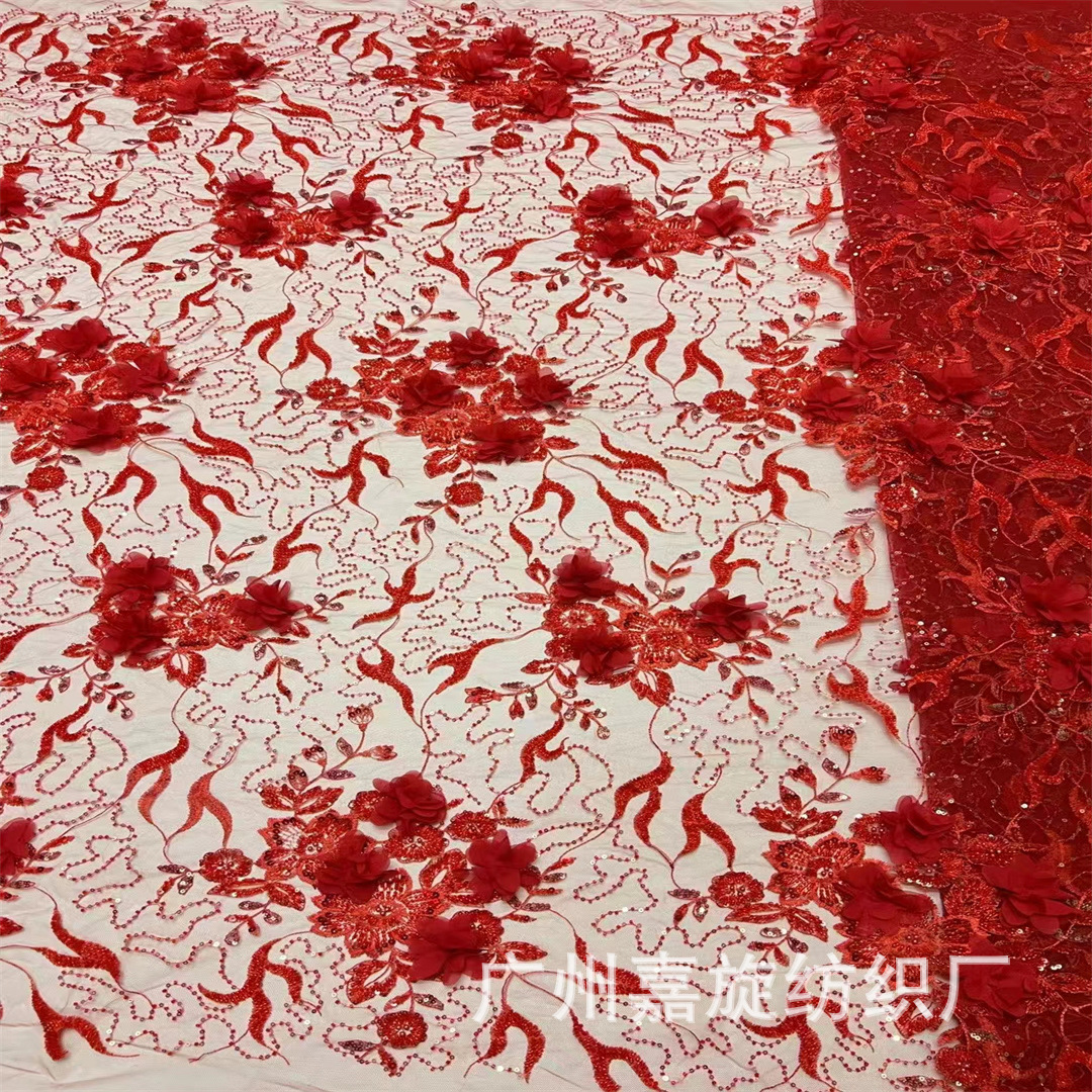 Red Mesh Bead Tube Embroidery Fabric Vintage Peg Bead Flower Bead Embroidery Fabric Dress Cheongsam Children's Wear Wedding Dress