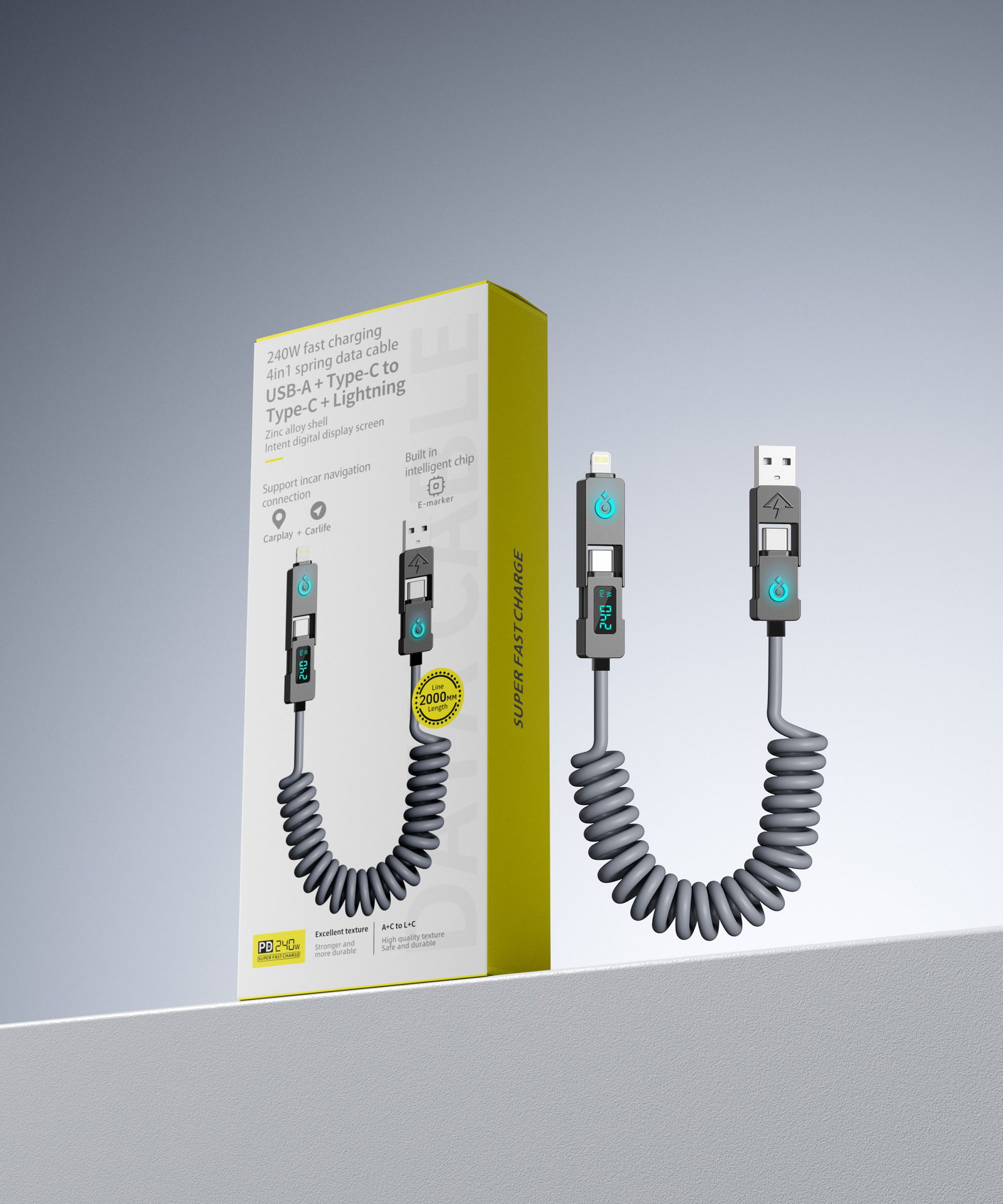 Picture of [Smart Power Off] Demon 240W Four-In-One Digital Display Spring Fast Charging Cable 2m Is Suitable for Apple 16 Huawei