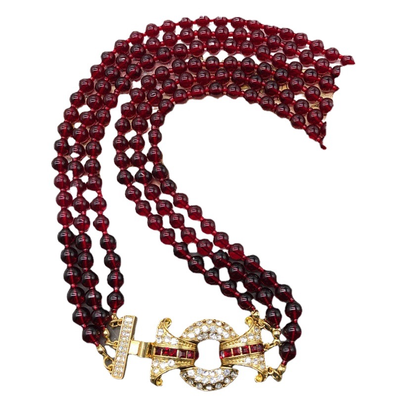 Vintage multi-layer pomegranate red glass beads sweater chain bracelet advanced switch design diamond necklace bracelet suit
