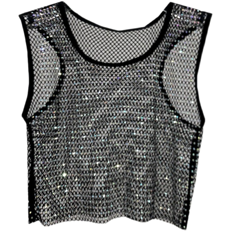 Summer new net diamond crystal I-shaped vest AB colored diamond short version party bling shiny exposed waist top