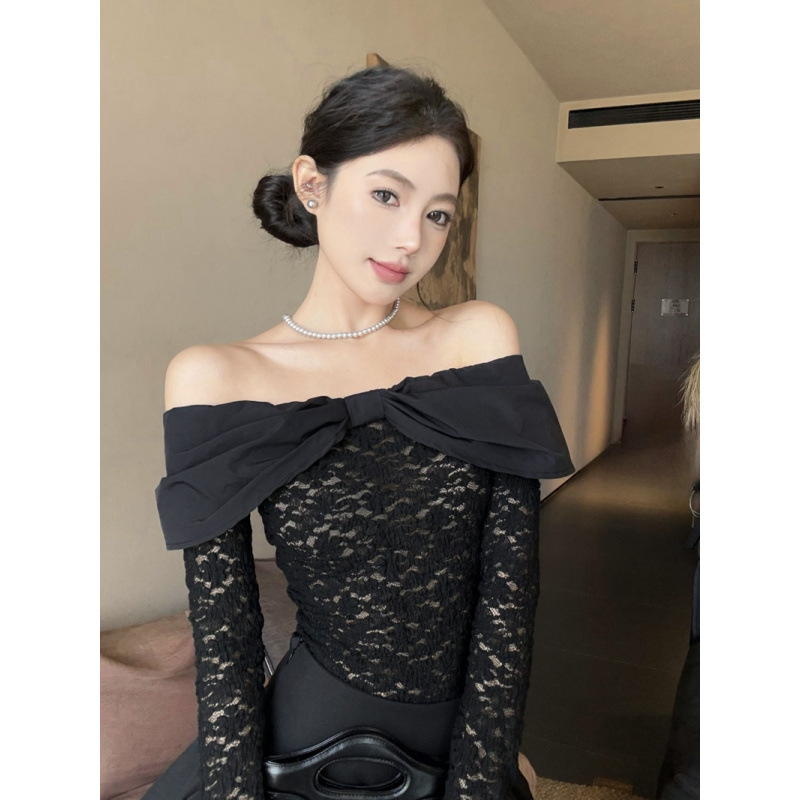 Real Shot 2025 Spring Lace Clavicle Beautiful Sweet and Spicy Shoulder Elegant Slim Fit Top T-shirt