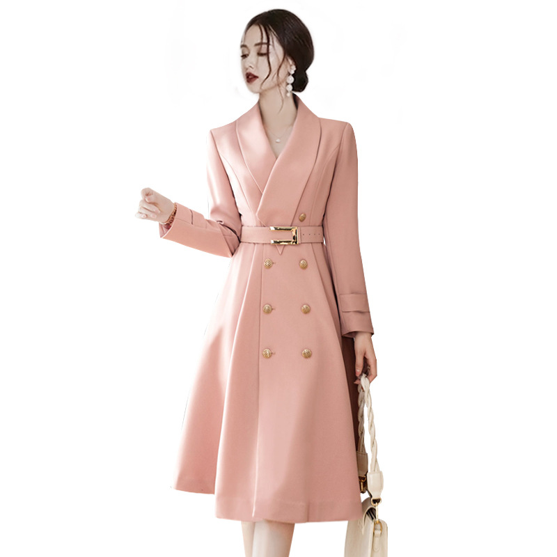 Picture of 2025 Guangzhou New Spring and Autumn Elegant Pink Trench Coat for Women, Double-Breasted with Tie, Mid-Length Fashionable Jacket