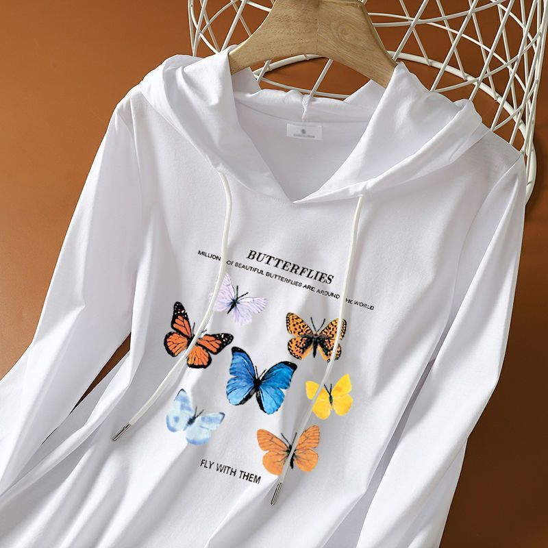 100% cotton long-sleeved T-shirt plus size women's clothing 2024 Spring and Autumn New Korean style loose hooded versatile casual top
