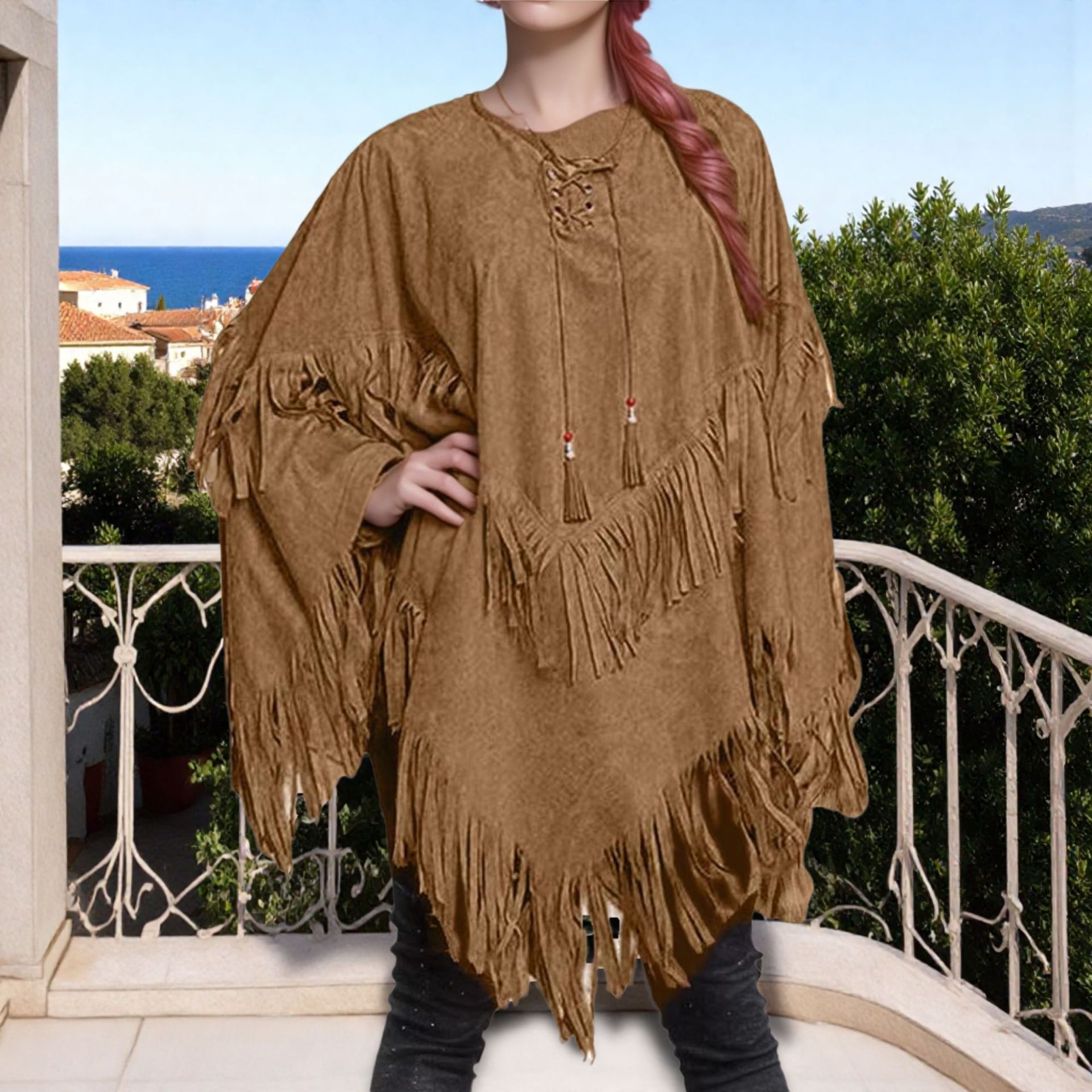 Picture of Cross-Border 2025 New European and American Style Fashionable Large Cape Tassel Cape Vest Loose Large Size Chic Top Export