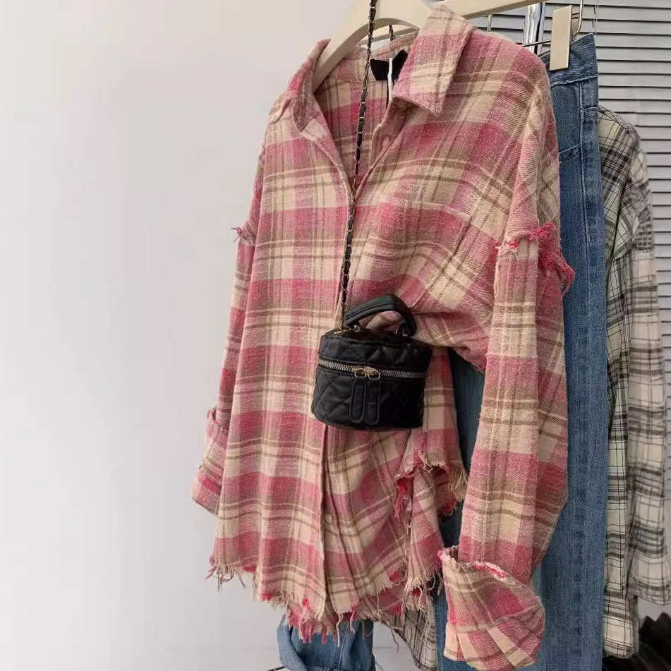 American Retro Pink Plaid Shirt Coat Women's Long-sleeved Shirt Lazy Style Autumn 2024 Early Spring New