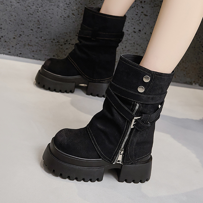 Thick-Soled Martin Boots for Women 2025 Autumn and Winter New Style Small Inner Heightening Boots Mid-Calf Boots Versatile Trouser Boots