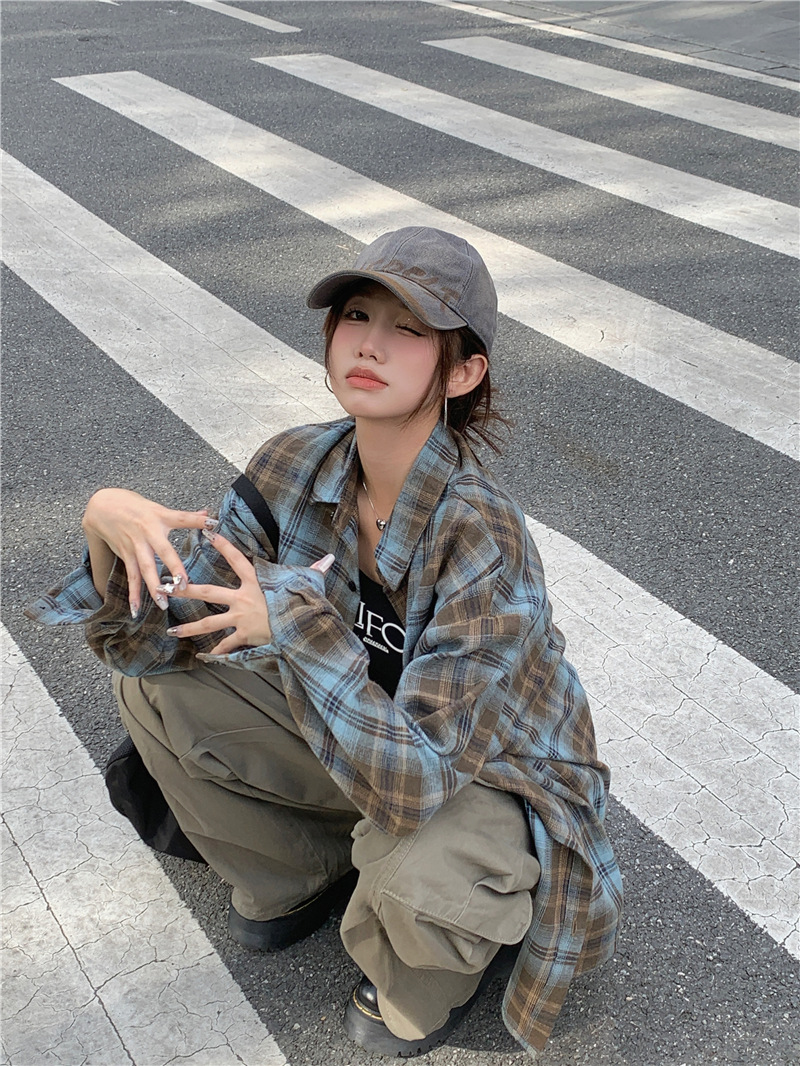 American-style Retro Plaid Long-sleeved Shirt Women's Spring and Autumn Lazy Street All-match Shirt Couple's Cardigan Jacket Tops Trendy