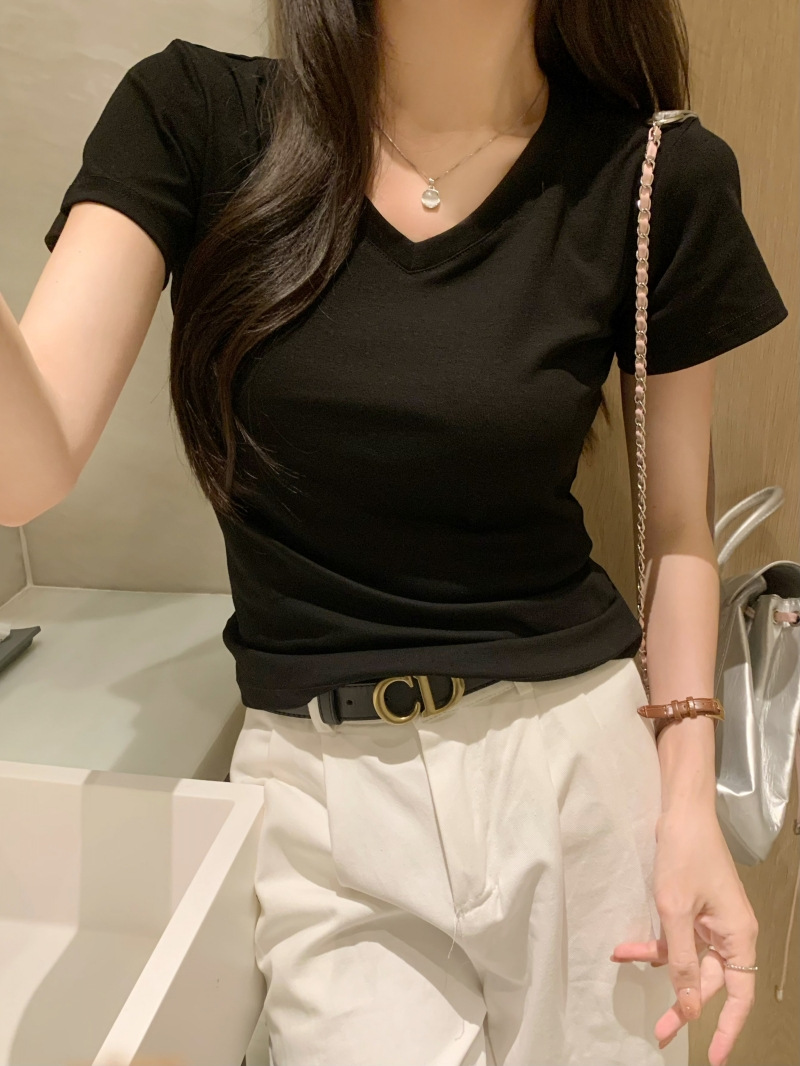 Pure Cotton T-shirt Women's Short-sleeved Summer 2024 New Hot Slimming T-shirt Solid Color European and American Top Base Shirt