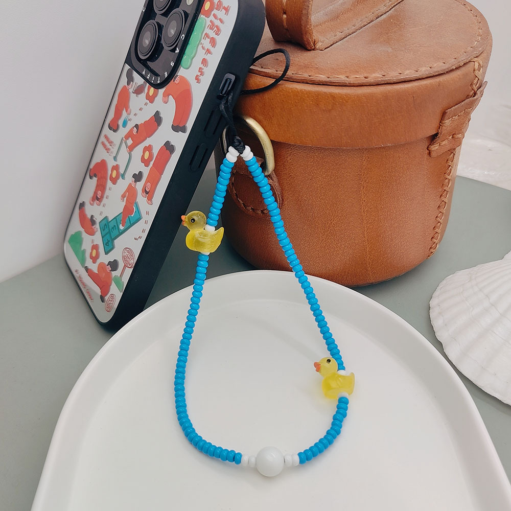 Picture of KKBEAD Color Beaded Bubble Bath Cute Duck Mobile Phone Rope Hanging Accessories All-match Glass Rice Beads Mobile Phone Chain Women