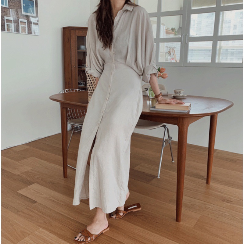 2024 spring and summer new women's lace-up loose slimming shirt long skirt over the knee French retro cotton and linen dress