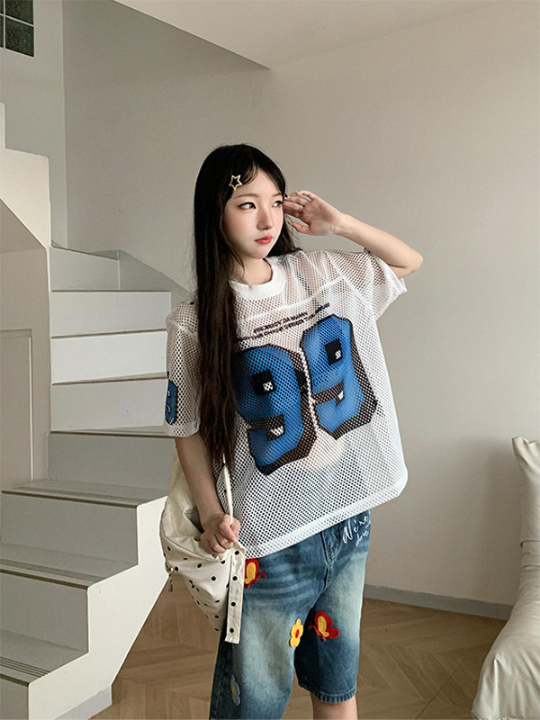 American Retro Trendy Ins Simple Round Neck Unique Niche Loose Unisex Hollow Breathable Layered Short-Sleeve T-Shirt
