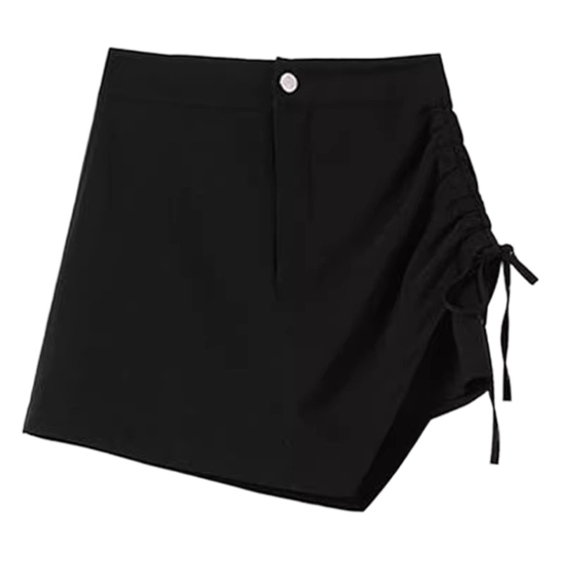 Black Skirt Women's 2024 Spring New Slim-fit Hip Skirt Design Sense Drawstring Pleated A- line High Waist Skirt