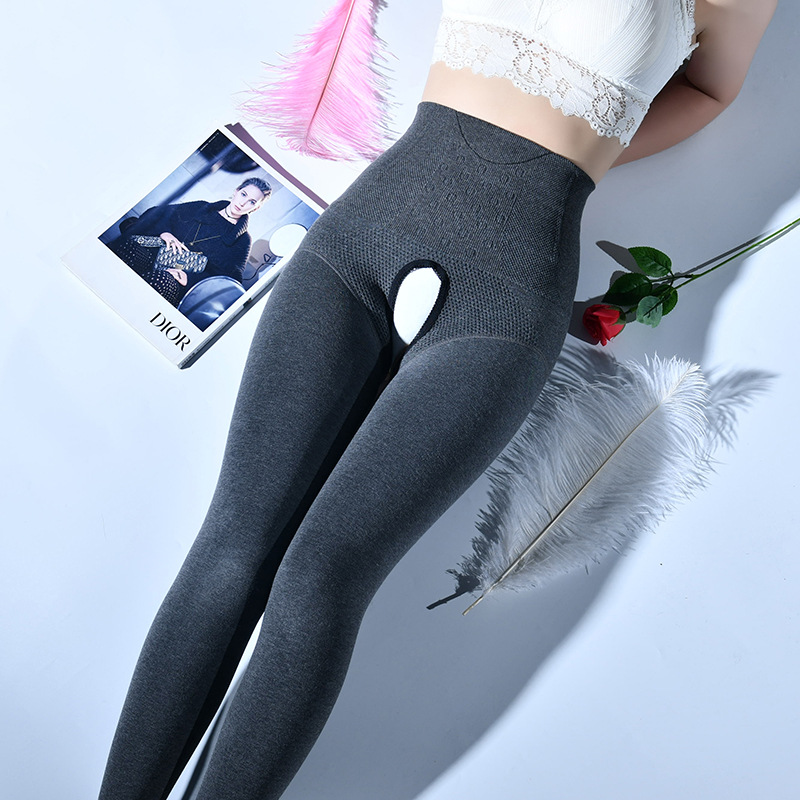 Picture of Qing He Autumn and Winter Cotton Leggings Women's Sexy Open Crotch Pantyhose Fish Bone Waist High Waist Thickened Warm