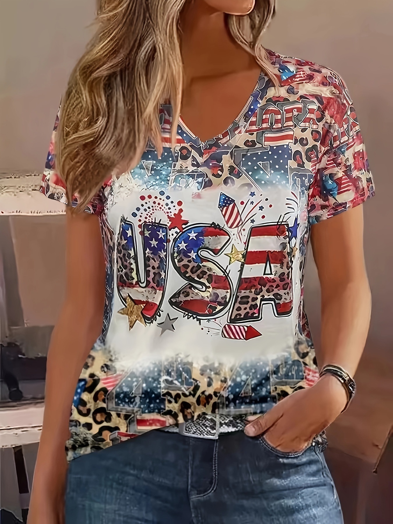 European and American foreign trade new 2024 new fashion casual Joker ladies short sleeve V-neck T-shirt Amazon cross-border
