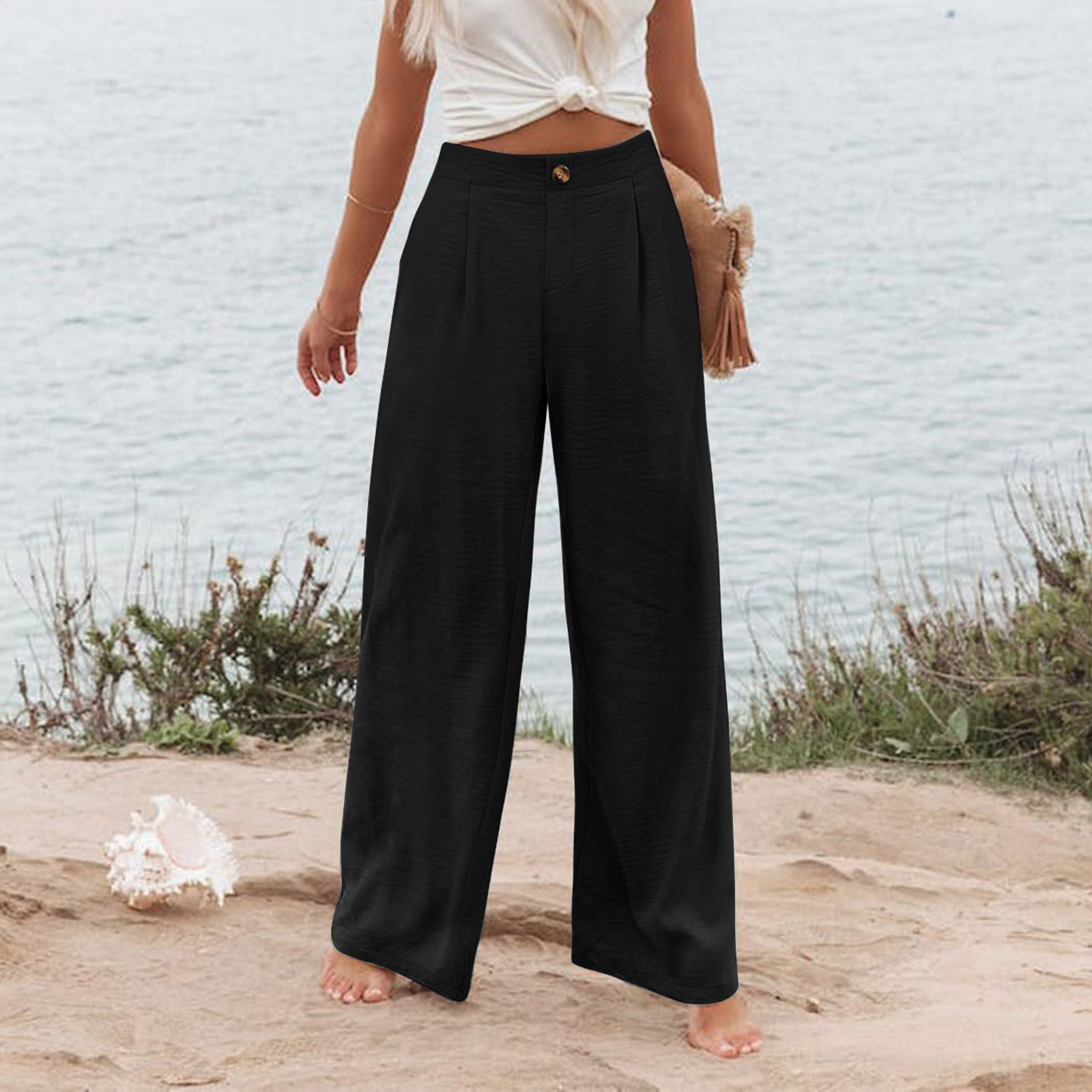 Picture of 2025 Cross-Border Amazon European and American Summer Plaid High Waist Trousers Button Elastic Waist Wide Leg Pants Women's Casual Straight-Leg Pants