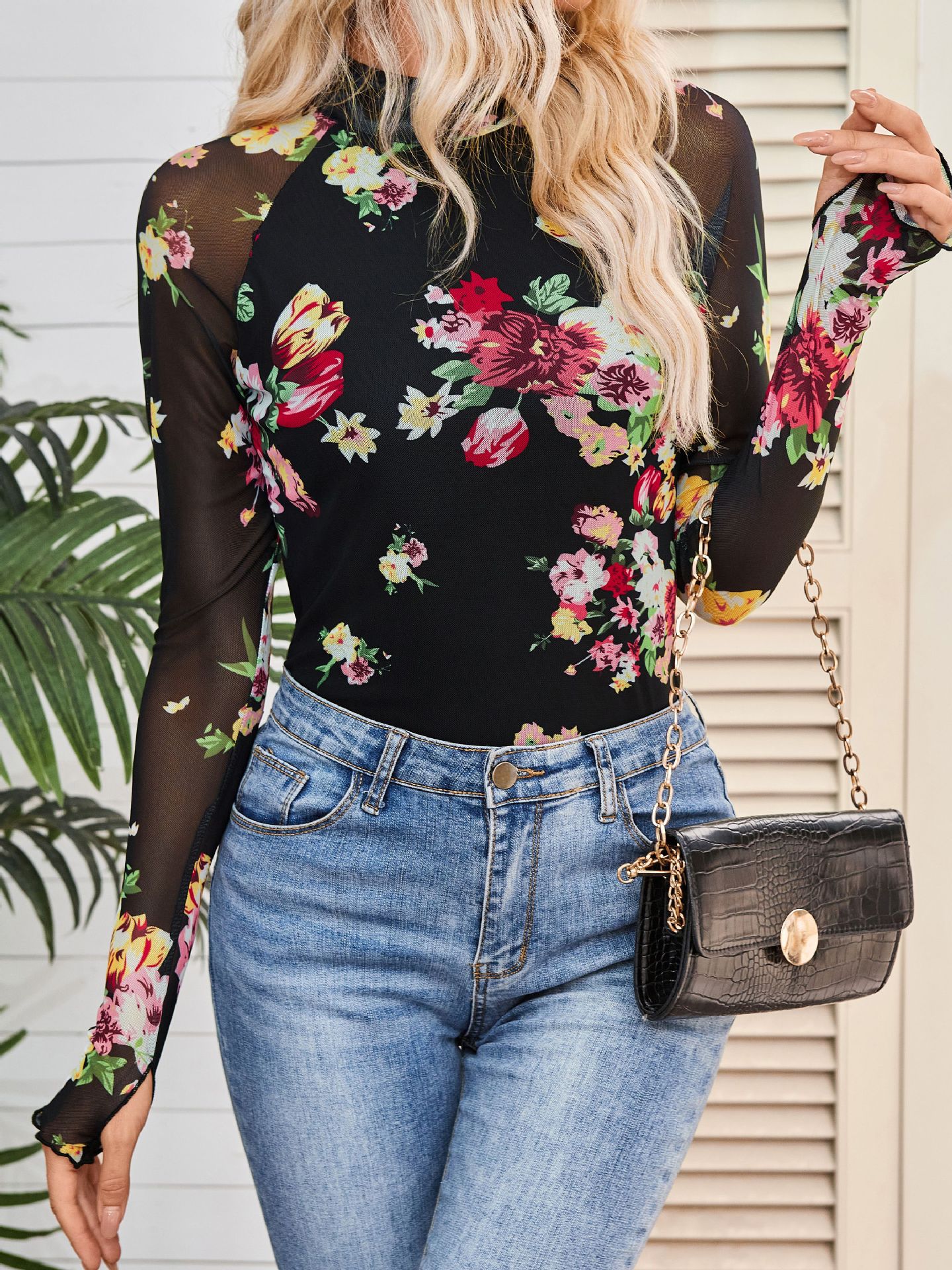 Picture of Cross-border European and American Amazon TK2025 Explosions Turtleneck Long Sleeve Lace Flower Mesh Base Shirt T-shirt for Women