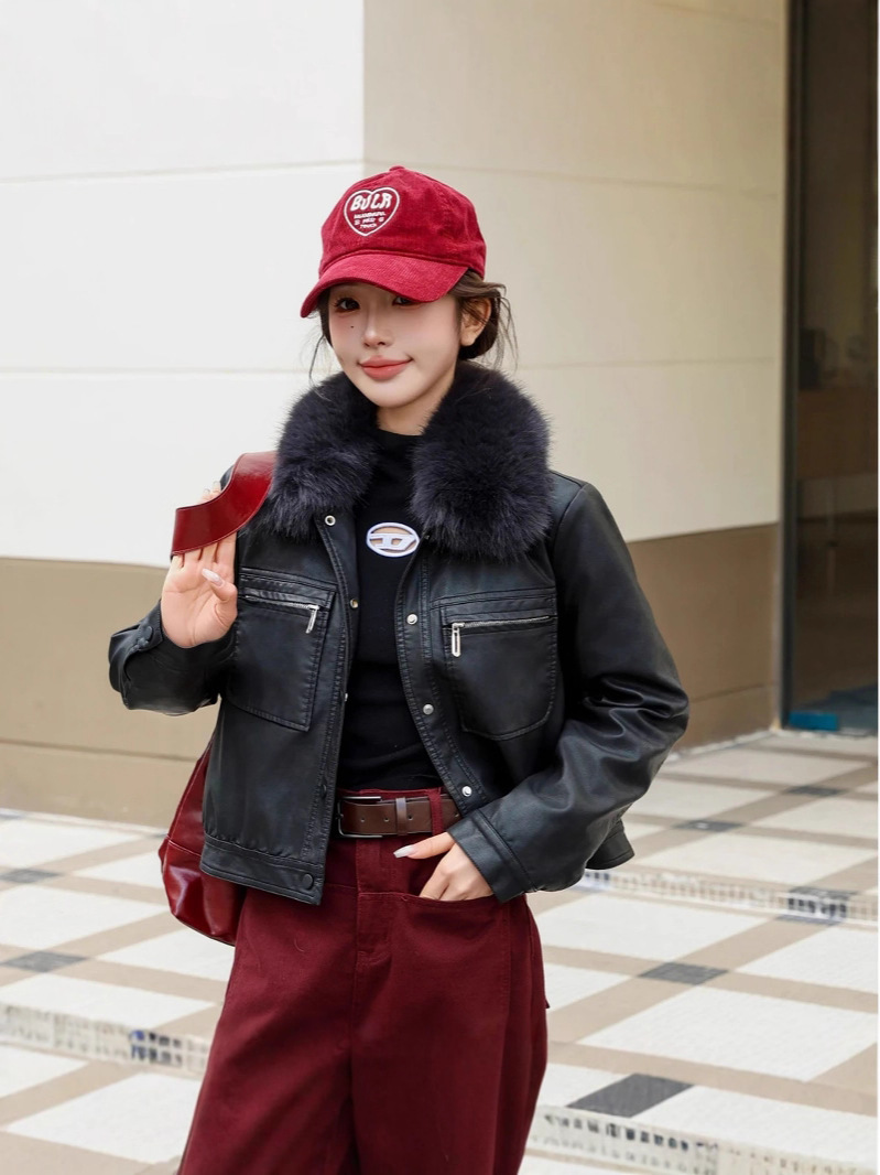 Picture of Zordan Paul Women's Leather Jacket Autumn and Winter New Large Fur Collar Fleece-Lined Thickeneded Motorcycle Pu Leather Jacket-749