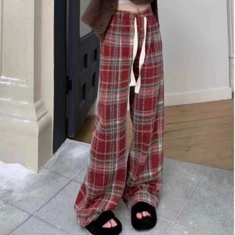 Woolen Plaid Drawstring Mop Casual Pants Girls Spring and Autumn New Christmas Wear Red Straight Leg Pants