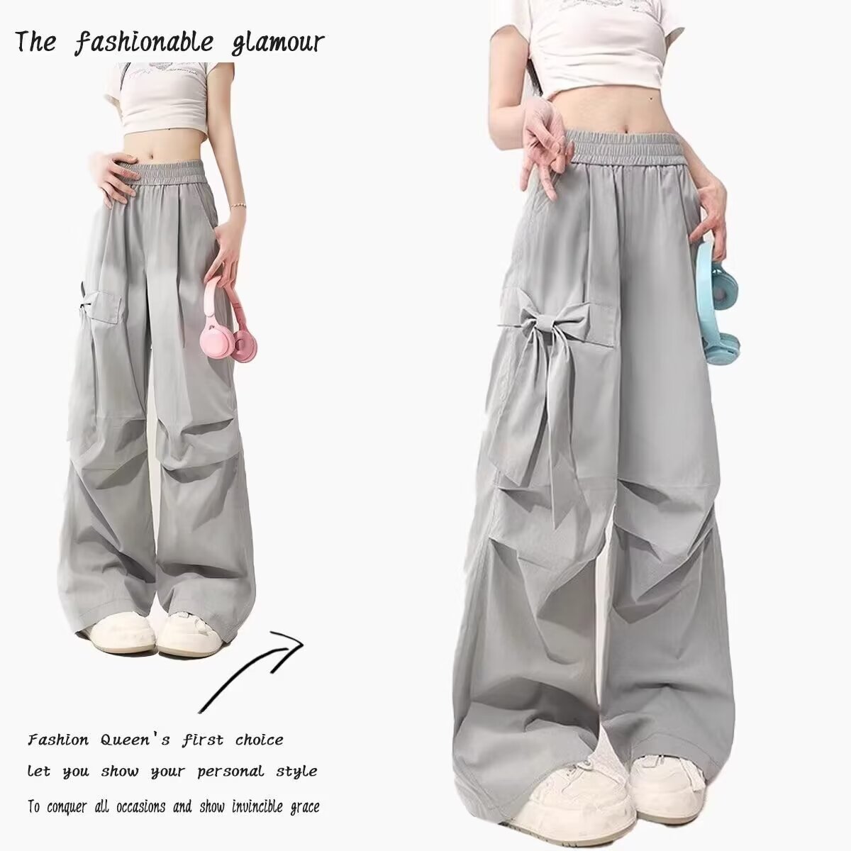 Design Sense Bow Grey Work Wear Casual Pants Women's 2025 Summer New Arrival High Waist Loose Wide Leg Pants for Women